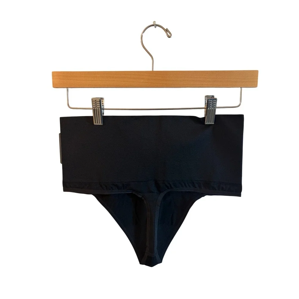 Essentials by Tummy Tank Nylon Seamless Thong Black High Waist Shapewear S/M - Picture 2 of 4